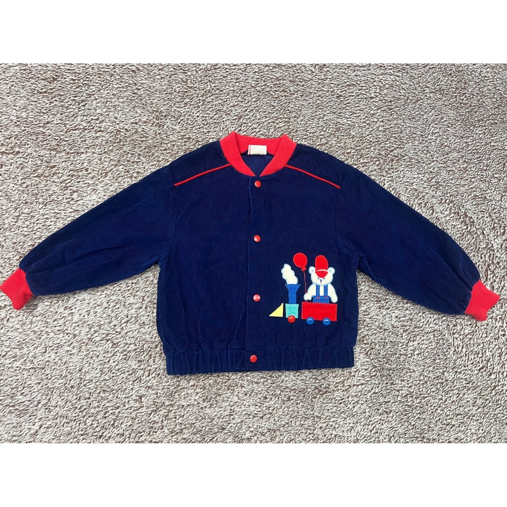 Vintage 90s Baby Togs 24M Corduroy Train Teddy Bear Bomber Jacket Navy Red